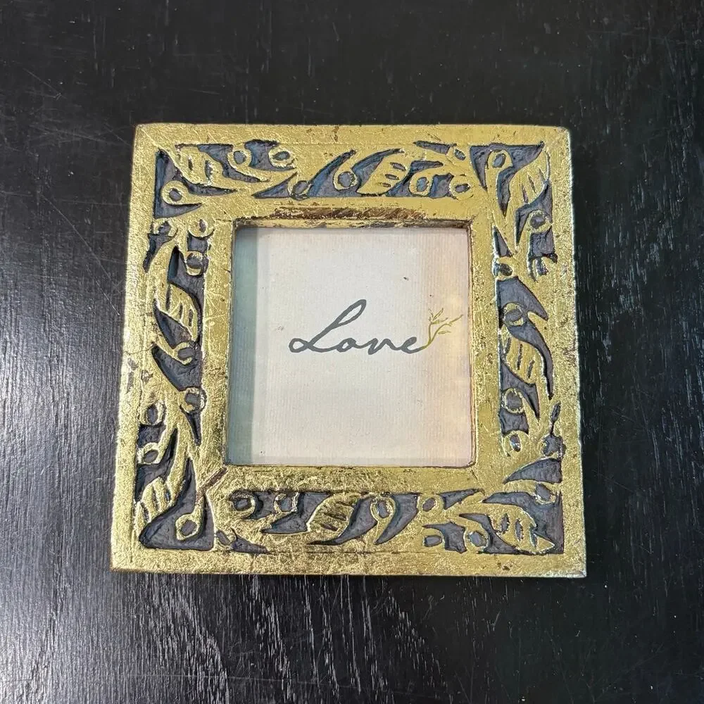 Mini Wooden Photo Frame- Golden Carved Detailing- Square 4.5x4.5 Hang or Stand